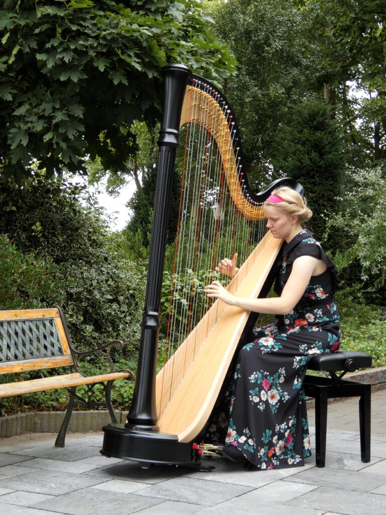 Harp spelen harpiste Shamati Willemse bankje buiten